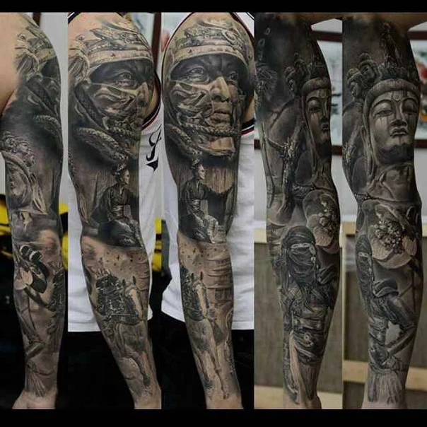 Realism Buddha, Samurai tattoo on Full Sleeve