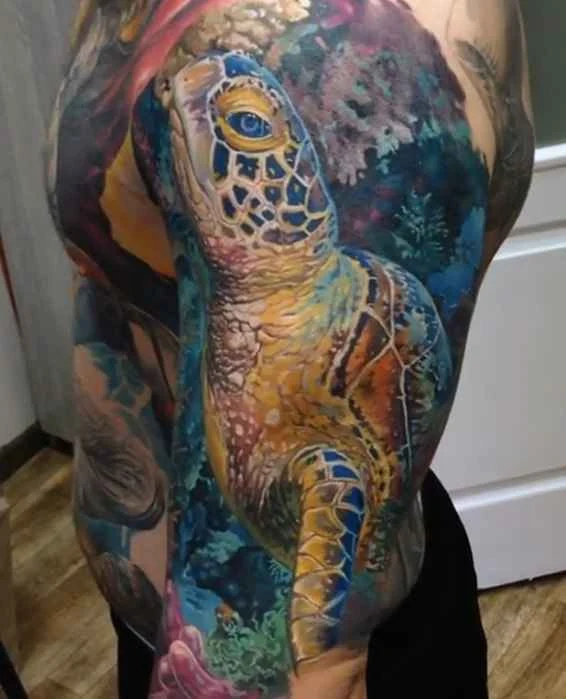 Realism Turtle, Ocean tattoo on Full Sleeve