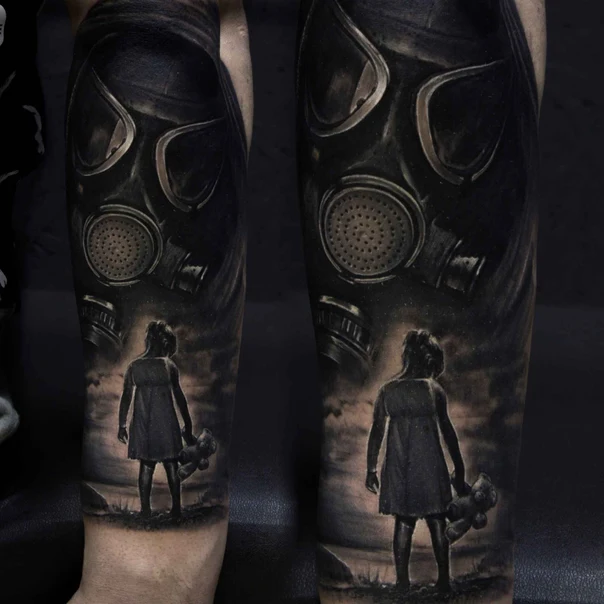 Black & Grey Gas mask, Child tattoo on Forearm