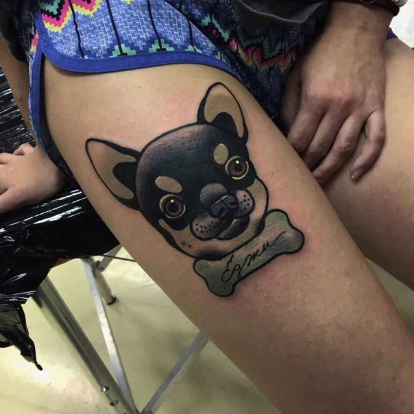 Cartoon Dog, Bone tattoo на Thigh