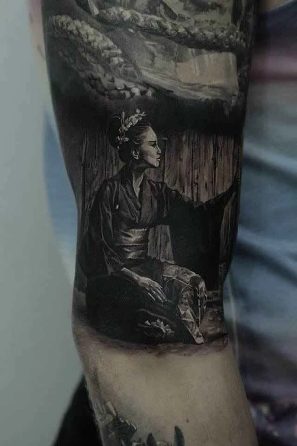 Realism Geisha, Landscape tattoo on Full Sleeve