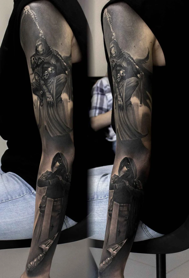 Чёрно-серая Grim reaper, Skull tattoo на Полный рукав