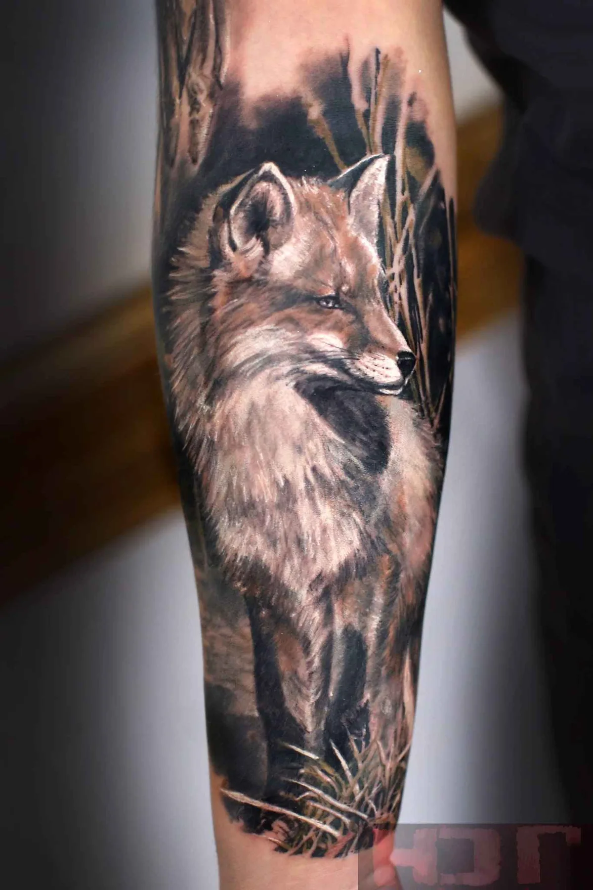 A black and grey realistic tattoo of a fox sitting in a natural setting, with highly detailed fur and a calm, contemplative expression.