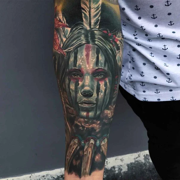 Realism Portrait, Native american tattoo on Full Sleeve