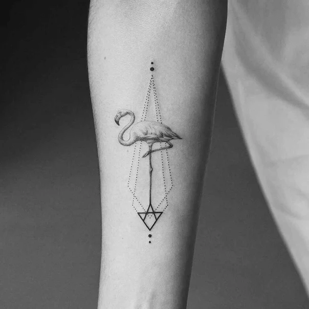 Fineline Flamingo, Geometric tattoo on Forearm