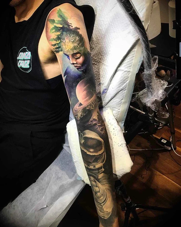 Realism Portrait, Space tattoo on Full Sleeve