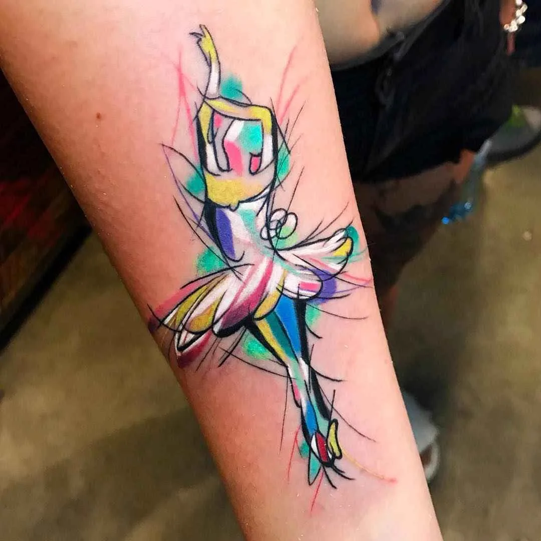 Artista de tatuagem Sebastian Barone tatuagem de cores brilhantes cubismo