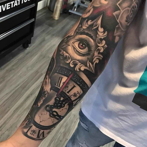 Realism Eye, Clock tattoo on Full Sleeve