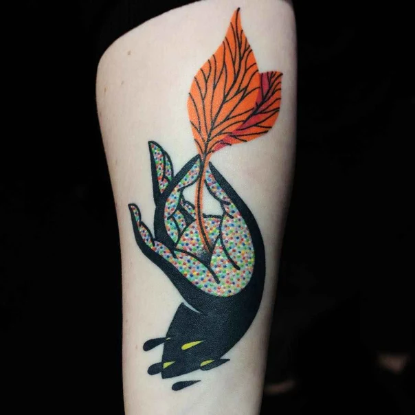Illustrative Hand, Leaf tattoo on Forearm