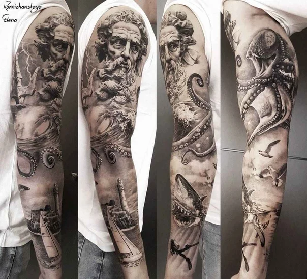 Realism Octopus, Sea tattoo on Full Sleeve
