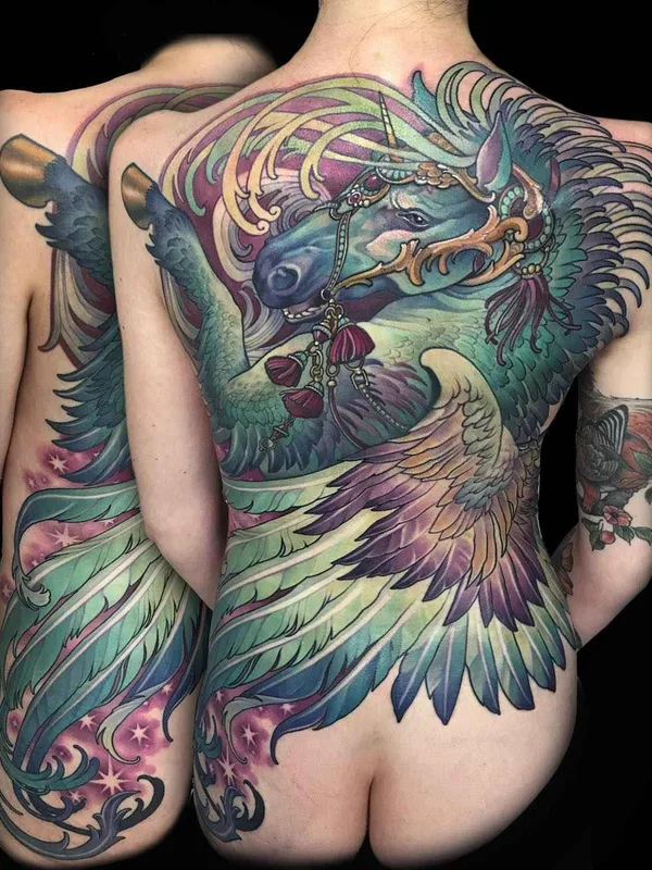 female color illustrative tatuaje en full back #14051 | Tatuador Teresa Sharpe