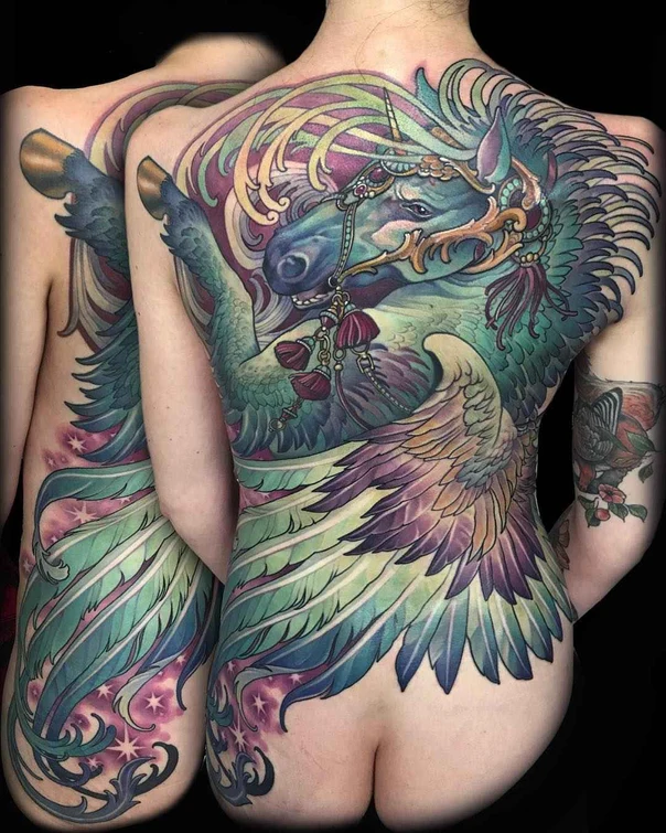 Illustrative Unicorn, Wings tattoo on Full Back