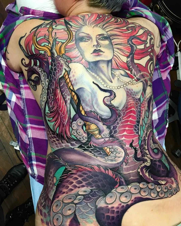 Realism Mermaid, Octopus tattoo on Full Back