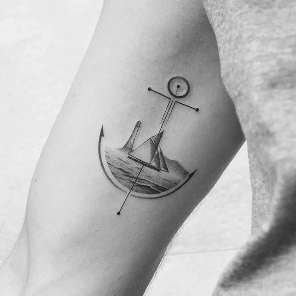 Geometric Anchor, Lighthouse tattoo on Forearm