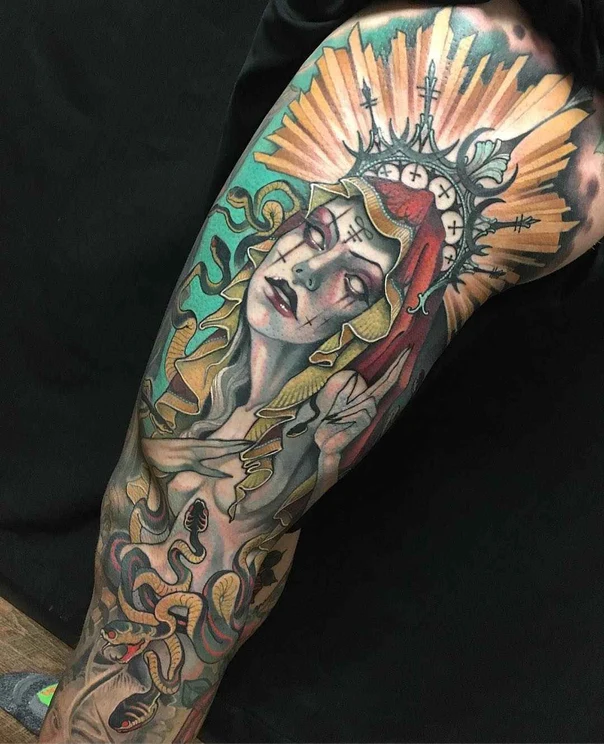 Realism Woman, Snakes tattoo on Full Sleeve