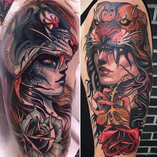 Illustrative Tiger, Rose tattoo on Upper Arm
