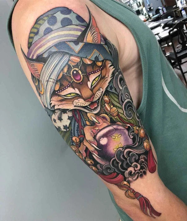 Japanese Cat, Ornament tattoo on Full Sleeve