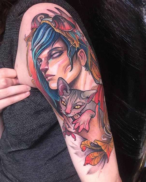 Illustrative Portrait, Cat tattoo on Upper Arm