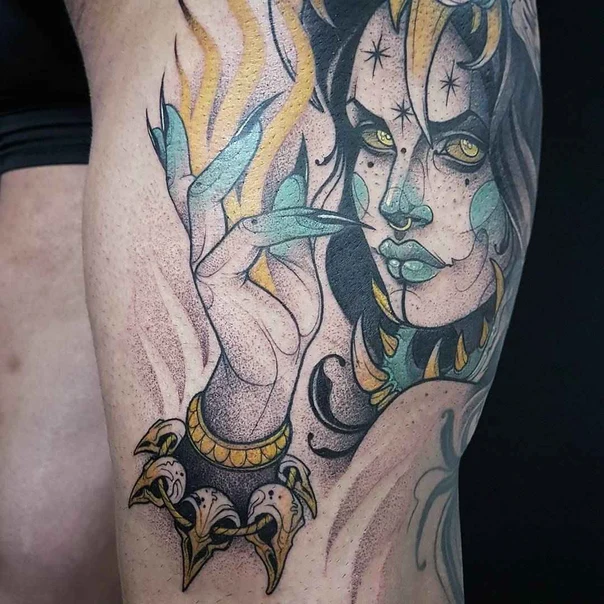 Neo Traditional Woman, Demon tattoo on Thigh