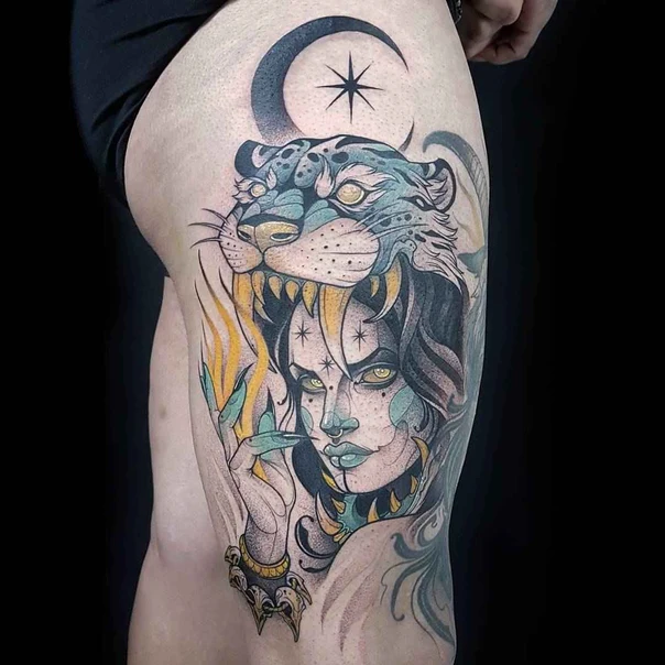 Neo Traditional Woman, Animal tattoo on Thigh