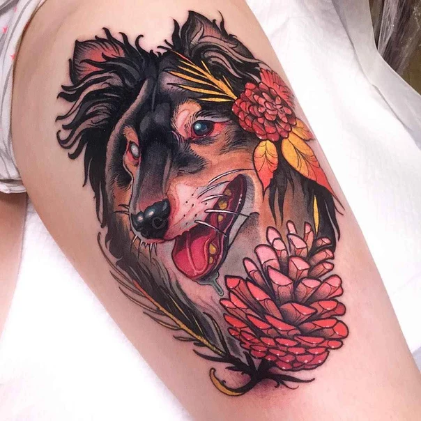 Illustrative Dog, Flower tattoo on Thigh