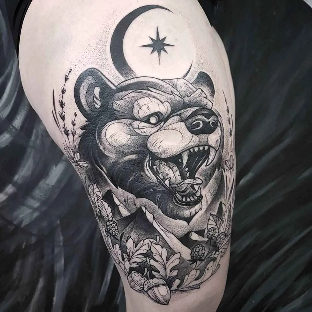 A detailed black and grey tattoo of a snarling bear with a crescent moon and star above, surrounded by floral elements.