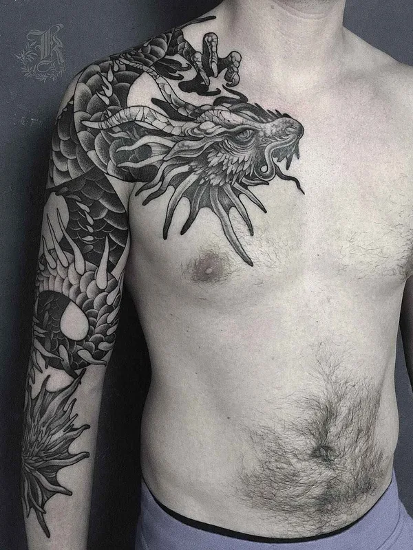 male black and grey japanese Tatuaggio su full sleeve #14365 | Tatuatore Кристина Дармаева