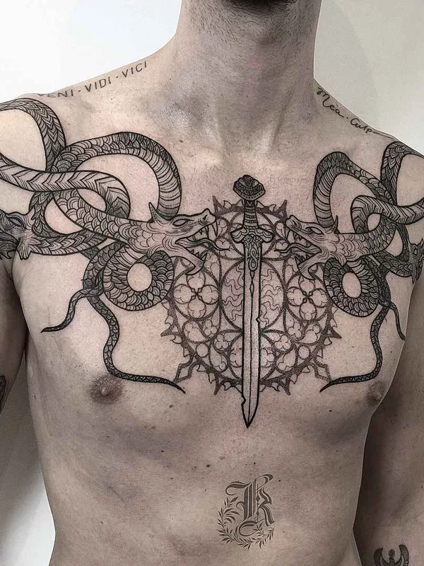 male black blackwork Tatuaggio su chest #14368 | Tatuatore Кристина Дармаева