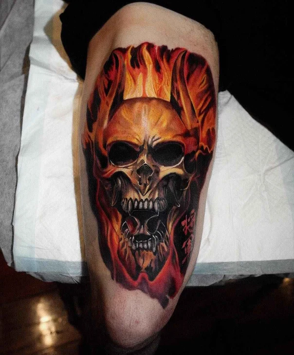 Realism Skull, Fire tattoo on Thigh