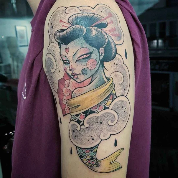 Neo Traditional Geisha, Clouds tattoo on Upper Arm