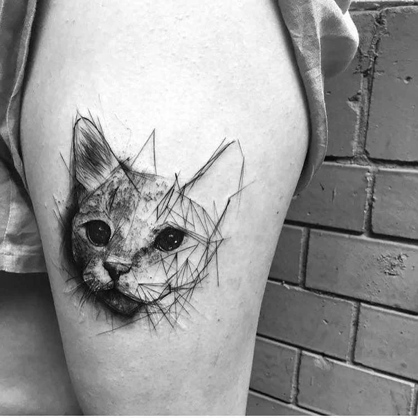 Sketch Cat tattoo on Thigh
