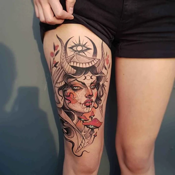 Neo Traditional Woman, Horns tattoo on Thigh