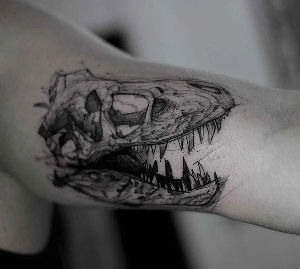 Sketch Dinosaur, Skull tattoo on Outer arm