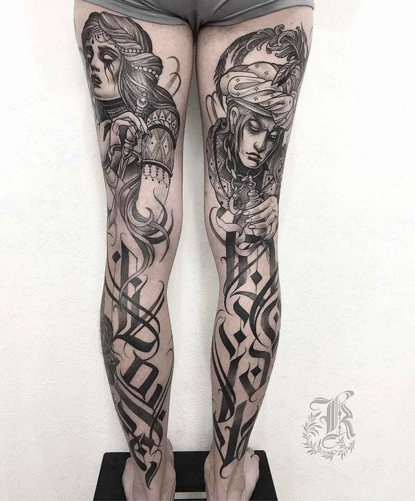 Блэкворк Portrait, Lettering tattoo на Full leg