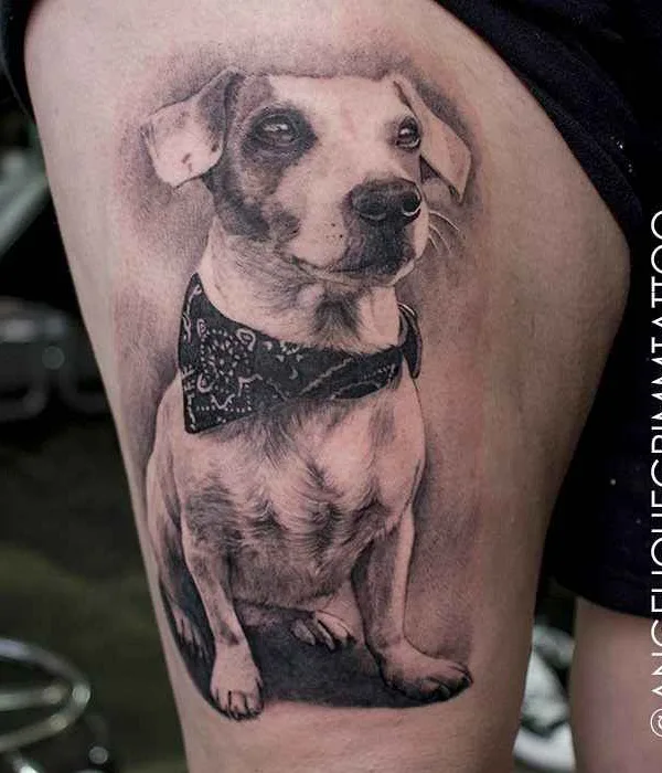 black and grey realism 纹身 在 thigh #14381 | 纹身师 Angelique Grimm