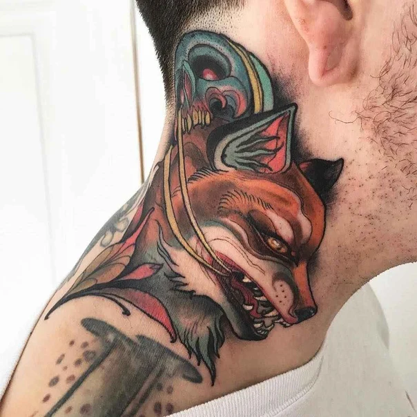 Neo Traditional Fox, Skull tattoo on Neck