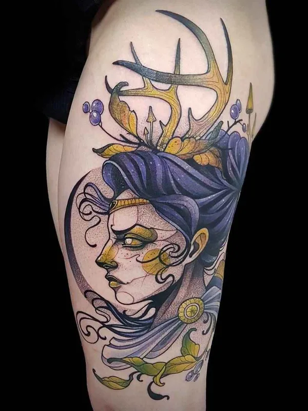 female color illustrative Tatuaggio su thigh #14020 | Tatuatore Kati Berinkey