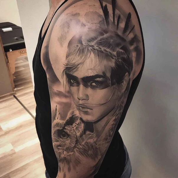 Realism Portrait, Owl tattoo on Full Sleeve