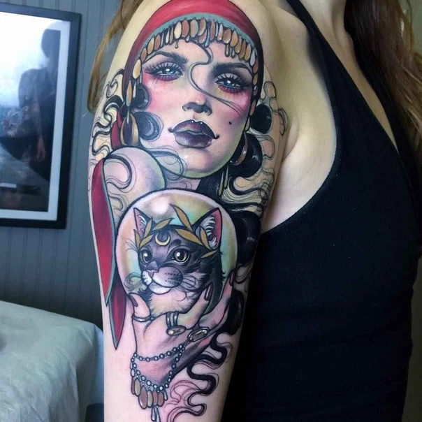Illustrative Portrait, Cat tattoo on Upper Arm