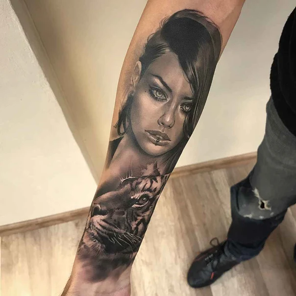 Realism Portrait, Tiger tattoo on Forearm