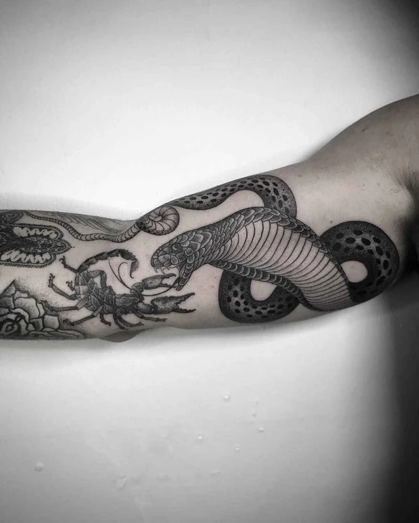 Blackwork Snake, Scorpion tattoo on Forearm