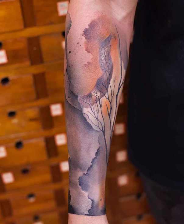 Watercolor Tree, Landscape tattoo on Forearm
