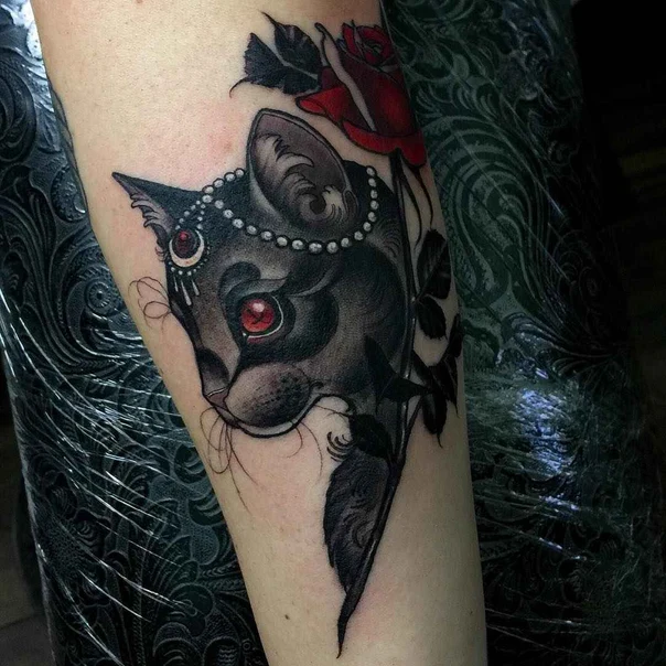 Neo Traditional Cat, Rose tattoo on Forearm