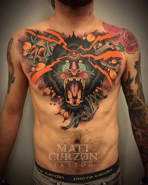 Neo Traditional Baboon, Skull tattoo on Chest