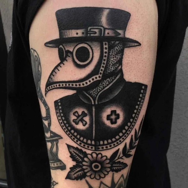 Traditional Plague doctor, Flower tattoo on Forearm