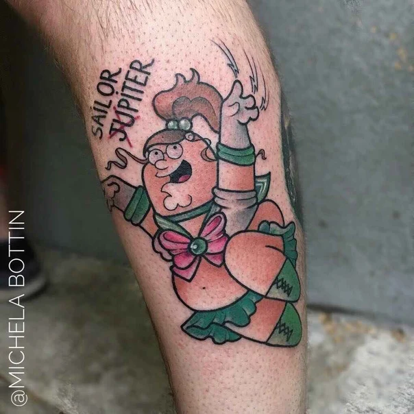 Cartoon Character, Text tattoo on Calf