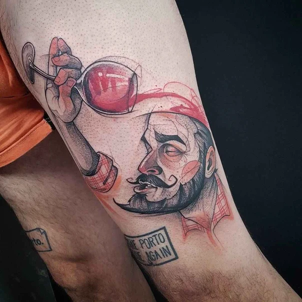 Illustrative Man, Wine glass tattoo on Thigh