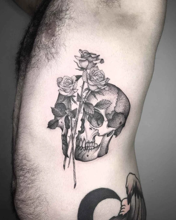 Black & Grey Skull, Rose tattoo on Side