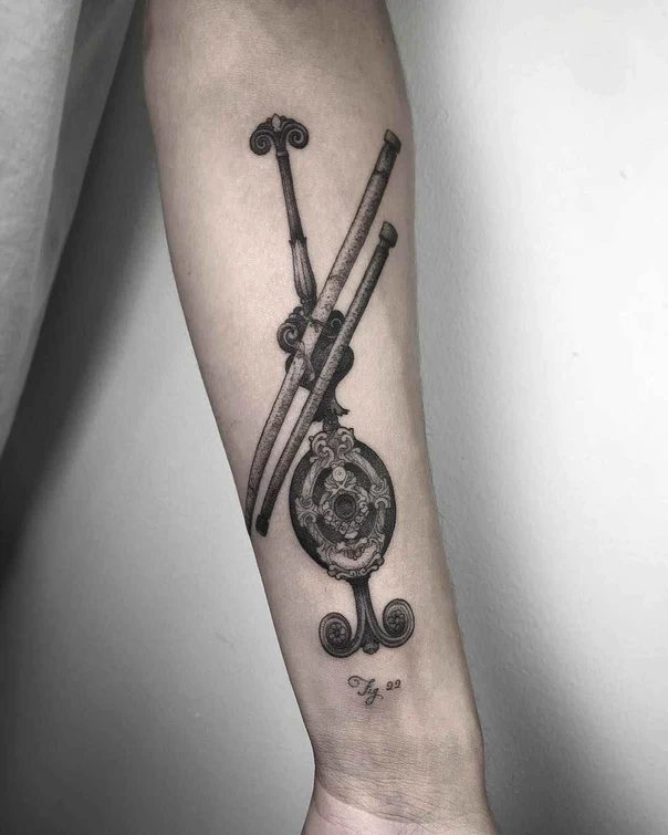 Engraving Key, Ornament tattoo on Forearm