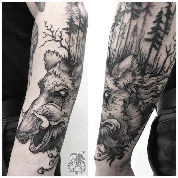 Blackwork Animal, Forest tattoo on Forearm